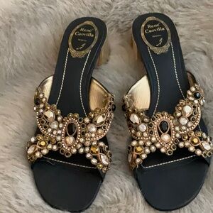 Rene Caovilla stunning jeweled and mirror gold heel shoes 39.5 9 black and gold